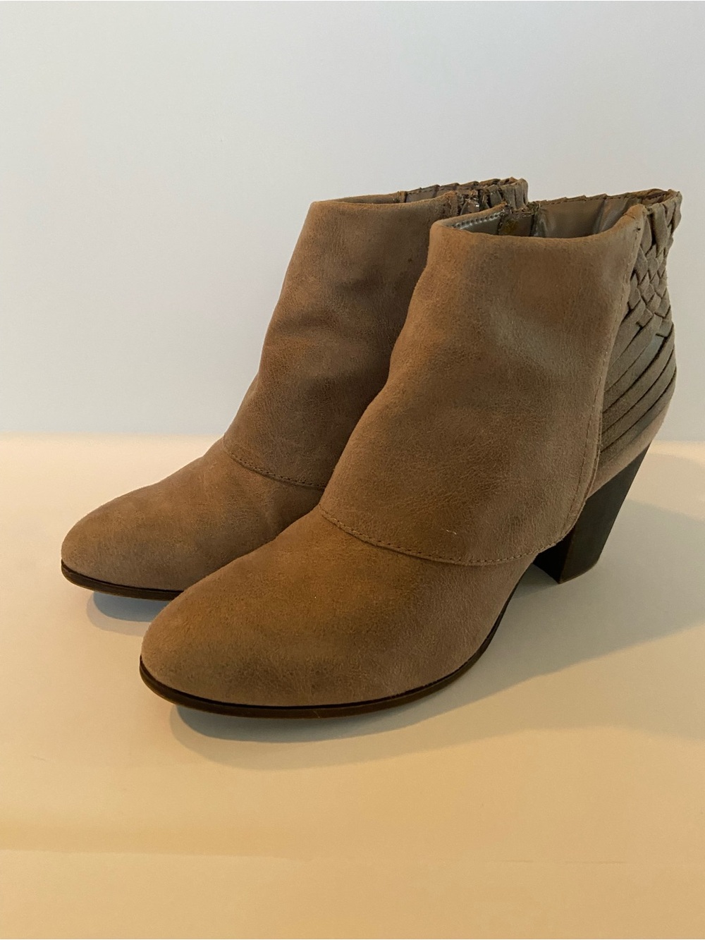Fergalicious Taupe Suede Woven-Back Ankle Booties